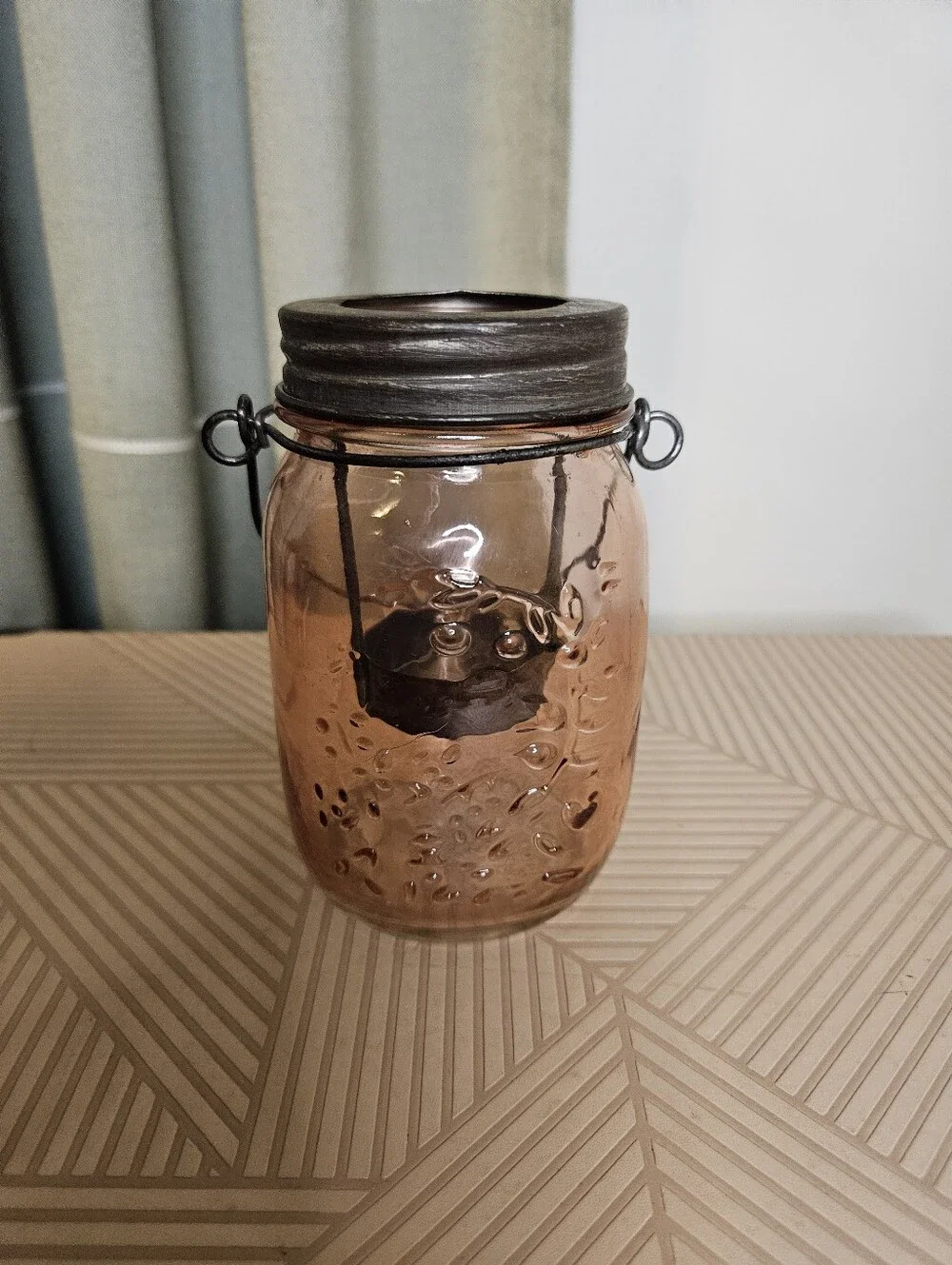 Pink Amber Glass Mason Jar Tealight Candle Holder with Metal Handle